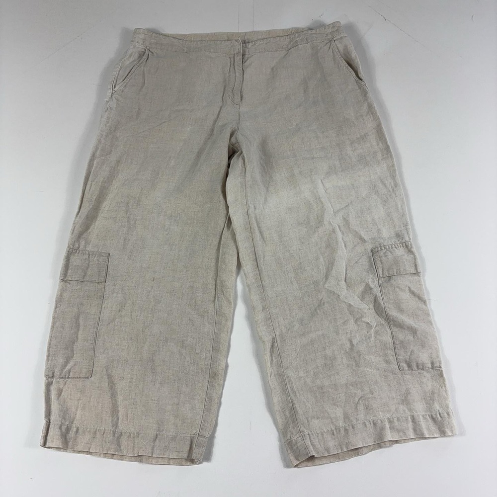 Eileen Fisher Pants Womens Large Beige Linen Cargo Wide Leg Pull On Cropped